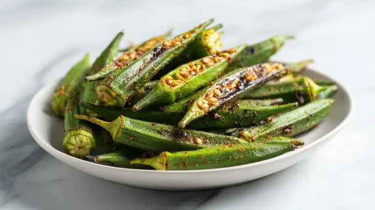 Best grilled okra recipe served on a rustic board with lemon aioli dipping sauce