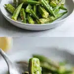 A plate of smoky grilled okra with charred crisp edges, vibrant green pods, seasoning, and a lemon wedge – the best grilled okra recipe.