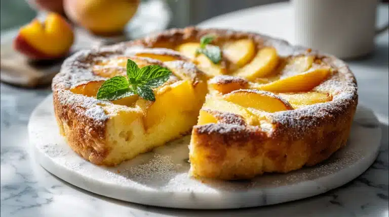 Best peach clafoutis recipe baked golden in a round ceramic dish with powdered sugar