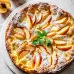 A golden baked peach clafoutis, the best peach clafoutis recipe, with peach slices in silky custard, dusted with powdered sugar and mint.