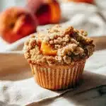 A best peach cobbler muffin recipe: tall golden streusel muffin with peach chunks, fresh peaches beside, soft linen on bright marble.