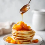 Spoonful of best peach compote recipe over a stack of fluffy pancakes with fresh peach slices, dripping syrup on a rustic table.