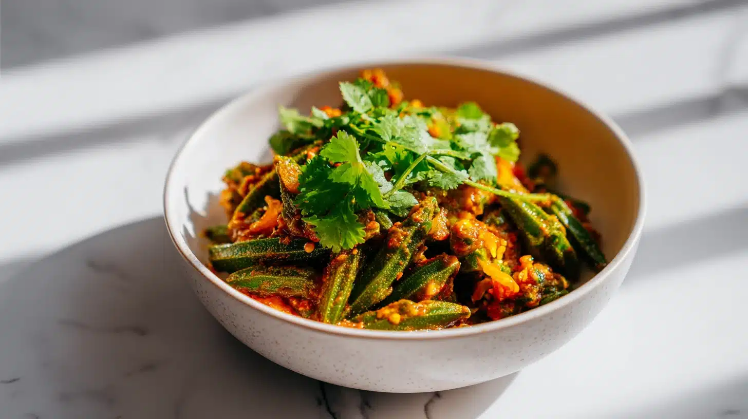 Bhindi Okra Curry Recipe: How to Get It Perfectly Tender and Slime-Free 27 Bhindi okra curry recipe served in a wide ceramic bowl with masala and cilantro