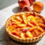 A warm bisquick peach cobbler with golden crust and thick jammy peaches oozing at edges on a light airy tabletop.