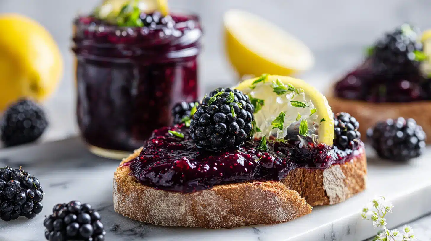 Homemade Blackberry Jam Without Pectin: Rich, Jammy, and Done in 35 Minutes 16 Two mason jars of homemade blackberry jam with fresh blackberries on marble