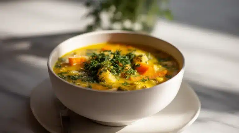 A bowl of bone broth vegetable soup with colorful fresh vegetables and herbs