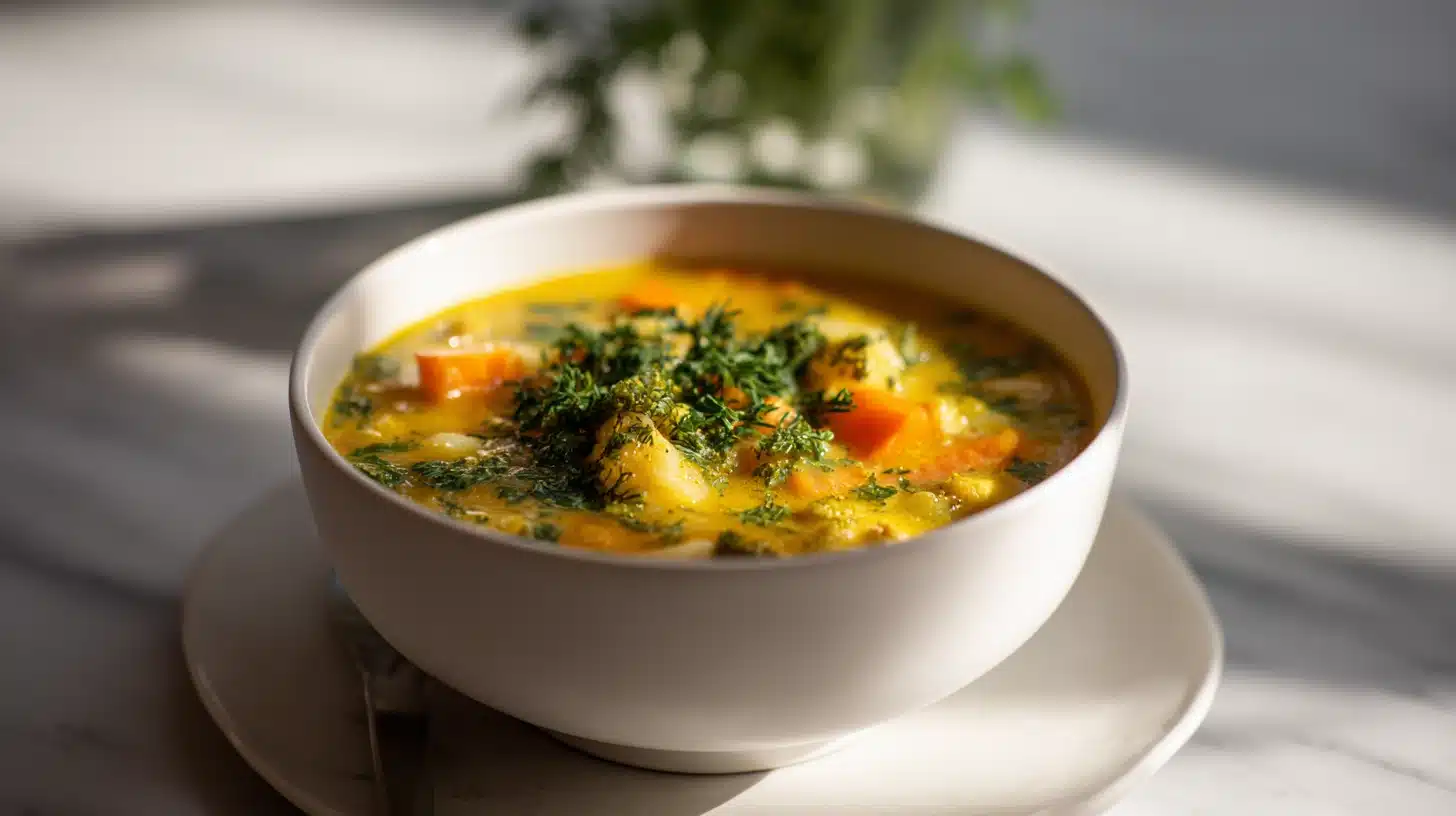 The Bone Broth Vegetable Soup That Tastes Like It Simmered All Day 28 A bowl of bone broth vegetable soup with colorful fresh vegetables and herbs