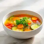 A steaming bowl of golden bone broth vegetable soup filled with sliced carrots, zucchini, celery, and tomatoes, garnished with fresh parsley.