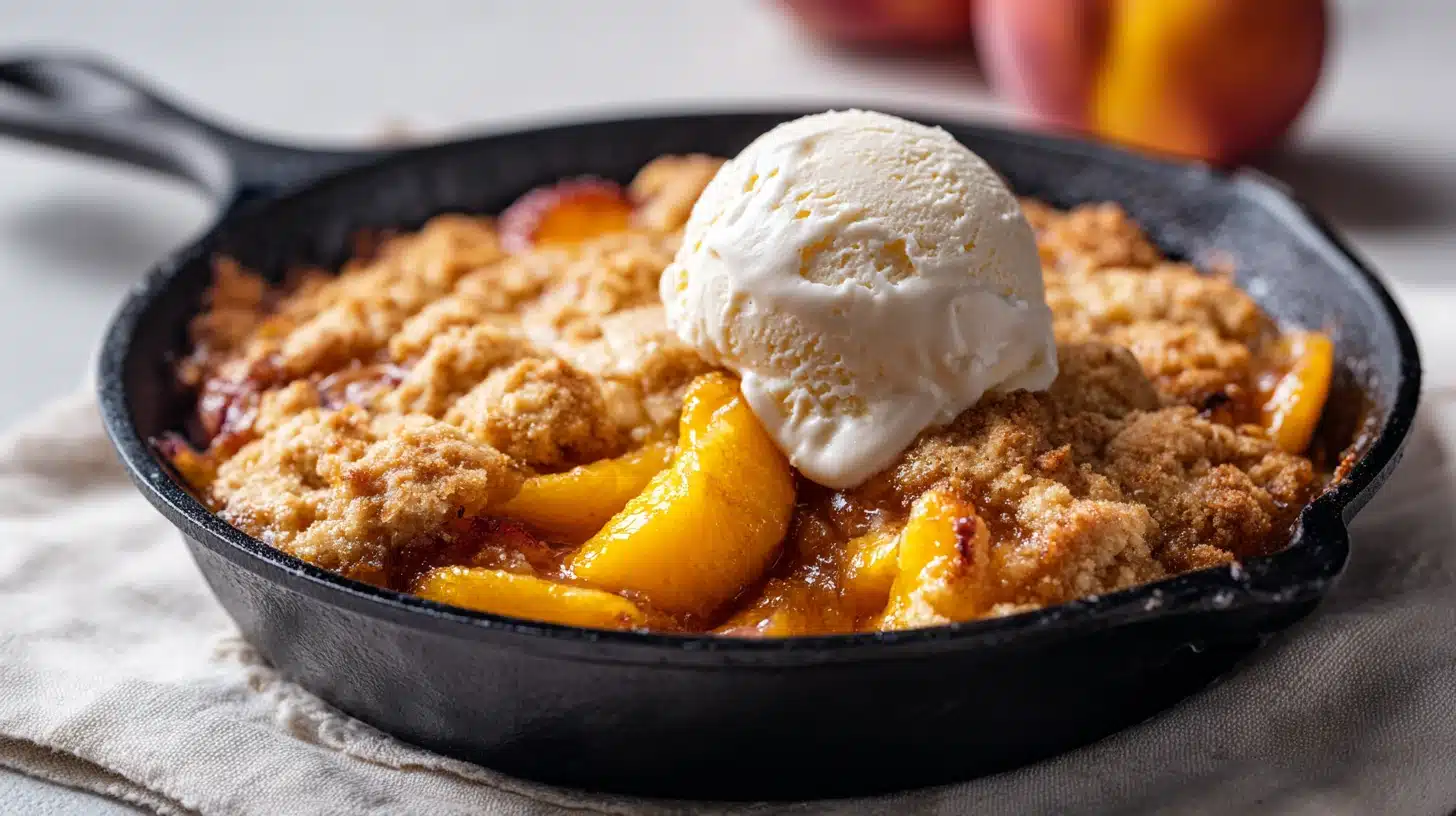 Bourbon Peach Cobbler: The Southern Dessert That Belongs on Every Table 16 Bourbon peach cobbler in a cast iron skillet with golden biscuit topping