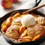 A biscuit-topped bourbon peach cobbler in a cast iron skillet, with juicy peach filling, spices, and melting vanilla ice cream on top.