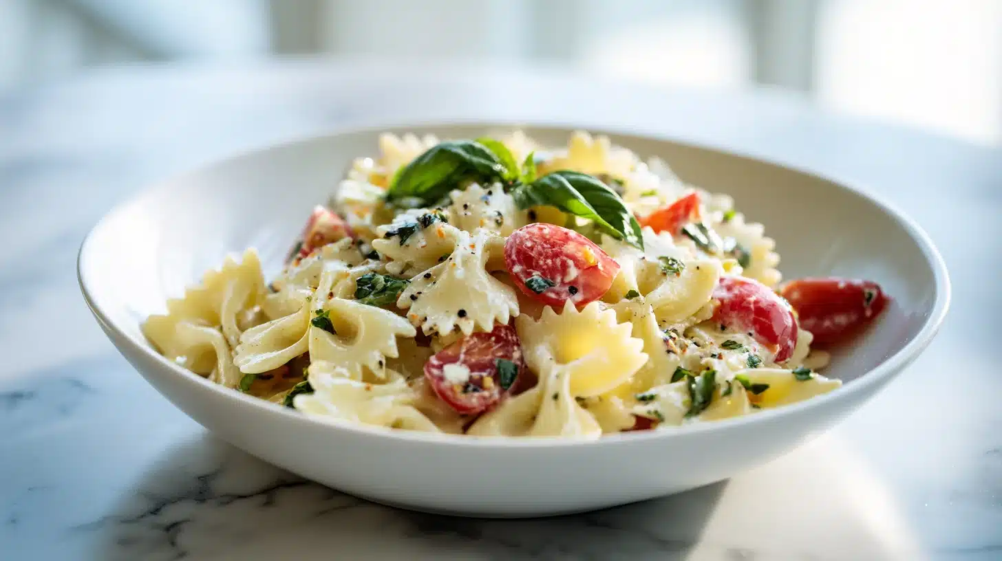 The Best Bow Tie Pasta Salad That Actually Stays Crisp 30 A large white bowl of Bow Tie Pasta Salad with cherry tomatoes, salami, and fresh basil