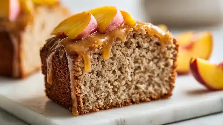 Brown sugar peach cake recipe with caramel frosting and fresh peach slices on top