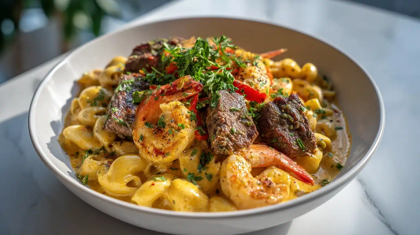 Bold, Creamy Cajun Surf and Turf Pasta for Weeknight Dinners 33 Bowl of Cajun surf and turf pasta with steak, shrimp, and creamy Alfredo sauce