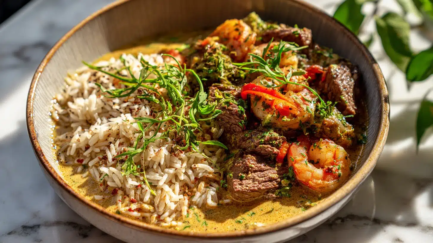 How to Make a Rich, Smoky Cajun Surf and Turf Stew 32 Bowl of Cajun surf and turf stew with steak, shrimp, and cream sauce