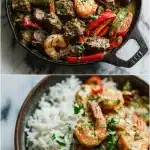 Overhead view of a rustic cast iron skillet filled with tender cubes of seared steak, plump pink shrimp, and diced red and green bell peppers, all simmering in a rich, creamy orange-hued Cajun spiced sauce, garnished with fresh chopped parsley and served alongside a mound of fluffy white rice.
