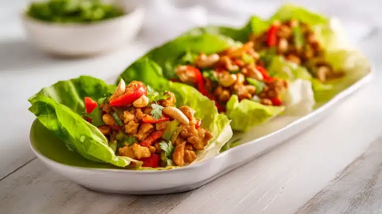 Cashew Chicken Lettuce Wraps served on a rustic wooden board with cashews and green onions
