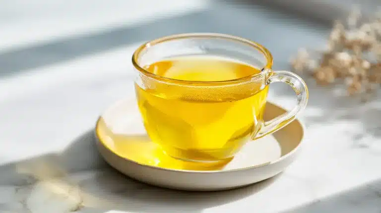 Steaming cup of chamomile sleep tea with dried flowers on rustic wood table