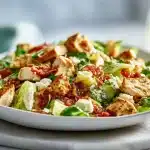 Large bowl of Chicken Caesar Pasta Salad with creamy dressing and Parmesan shavings