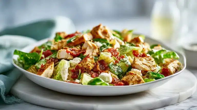 Large bowl of Chicken Caesar Pasta Salad with creamy dressing and Parmesan shavings