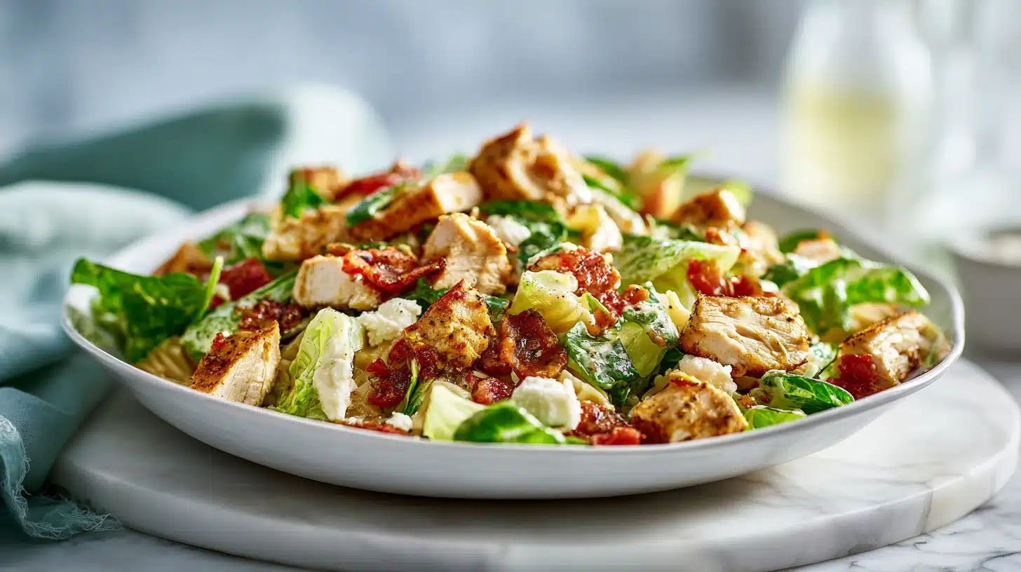 Chicken Caesar Pasta Salad: Creamy, Crispy, and Ready in 23 Minutes 19 Large bowl of Chicken Caesar Pasta Salad with creamy dressing and Parmesan shavings