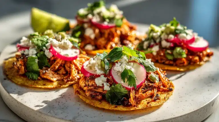 Finished chicken crock pot taco recipe served in corn tortilla with fresh toppings