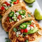 Slow cooker shredded chicken tacos with bright cabbage, crumbled cotija, and salsa. Chicken crock pot taco recipe.