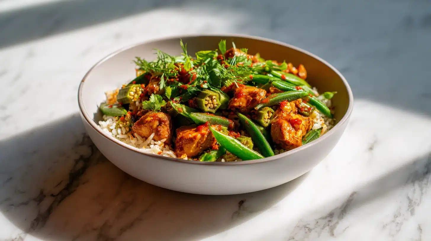 One-Pot Chicken Okra Rice Recipe with Cajun Flavor 34 Chicken okra rice recipe served in a bowl with Cajun spices and green onions