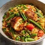 A rustic bowl of chicken okra rice recipe with tender golden chicken, vibrant green okra, and tomato-accented rice on a wooden table.