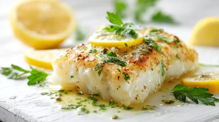 Baked cod recipe in white ceramic dish with lemon butter sauce and parsley