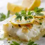 Flaky baked cod fillet topped with golden lemon butter sauce, garnished with fresh parsley and lemon slices, a delicious cod recipe.