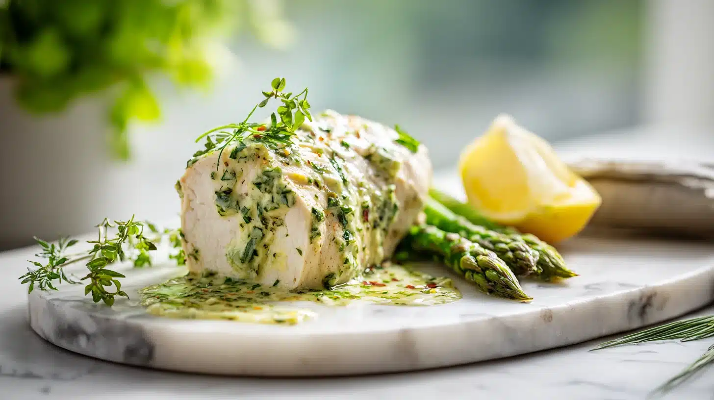 Cold Poached Chicken with Herb Green Goddess Sauce (Ready in 25 Minutes) 34 Cold Poached Chicken with Herb Green Goddess Sauce sliced on marble with herb sauce drizzle