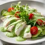 Cold poached chicken breast slices on a white plate, drizzled with herb green goddess sauce, with cucumber, cherry tomatoes, and microgreens.