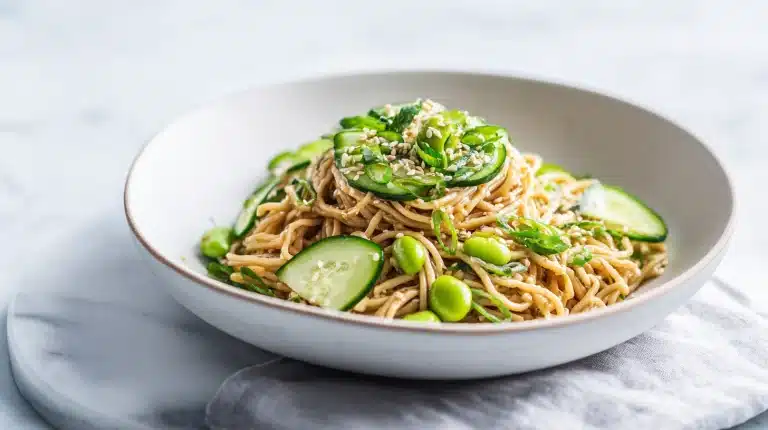 Cold Sesame Noodles with Cucumber & Edamame in a shallow bowl with chili oil drizzle