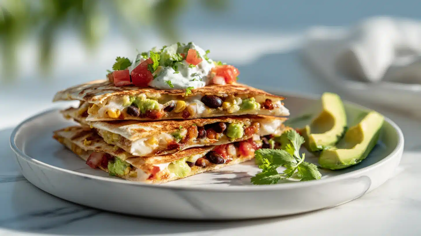 Corn and Black Bean Quesadillas with Avocado Crema (Crispy, Cheesy, and Ready in 25 Minutes) 29 Corn and Black Bean Quesadillas with Avocado Crema on a rustic wooden board