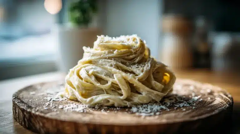 Cottage cheese alfredo on fettuccine with creamy sauce and Parmesan dusting