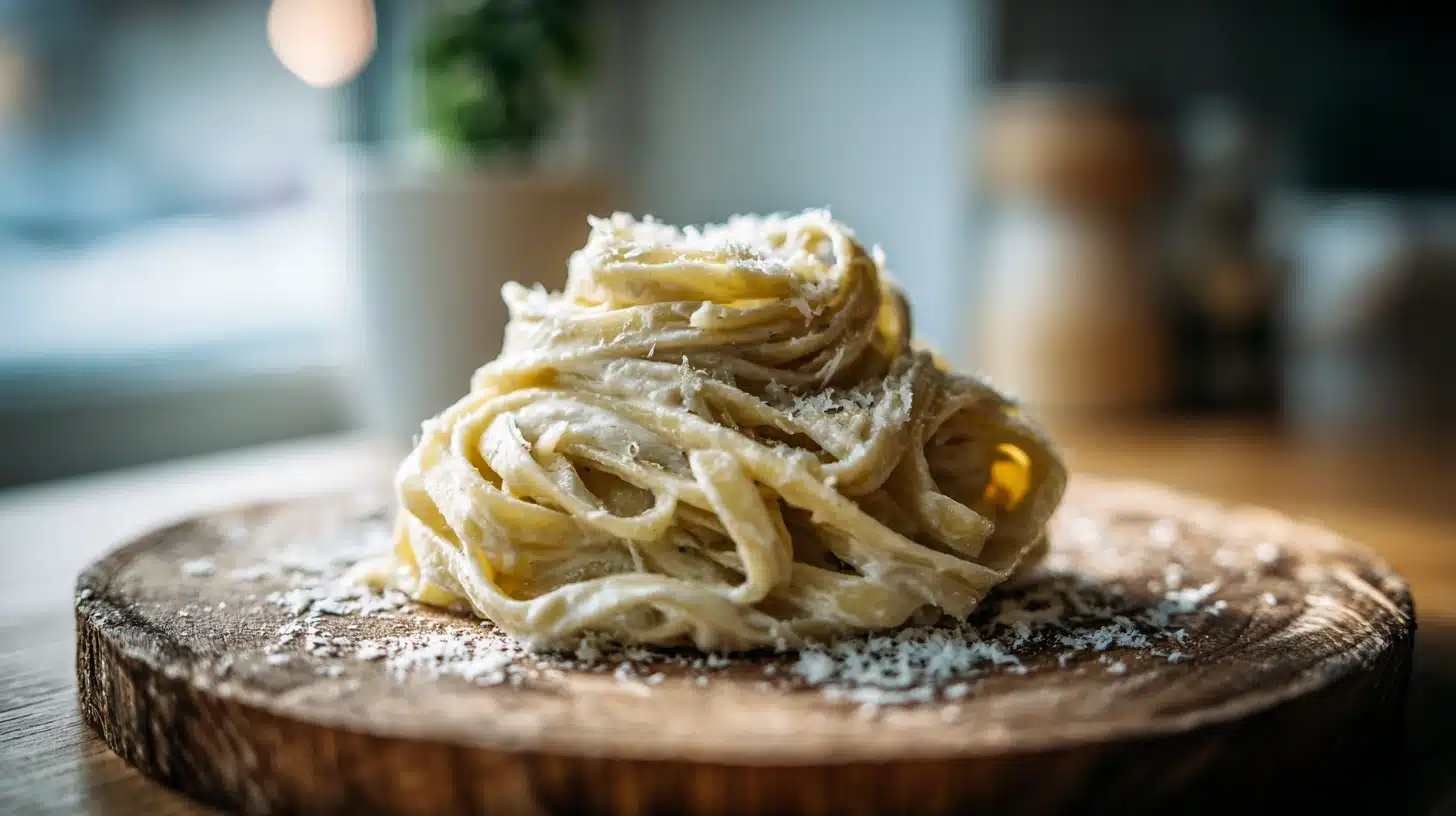 24-Minute Cottage Cheese Alfredo: Creamy High-Protein Sauce with Warm Spices 18 Cottage cheese alfredo on fettuccine with creamy sauce and Parmesan dusting