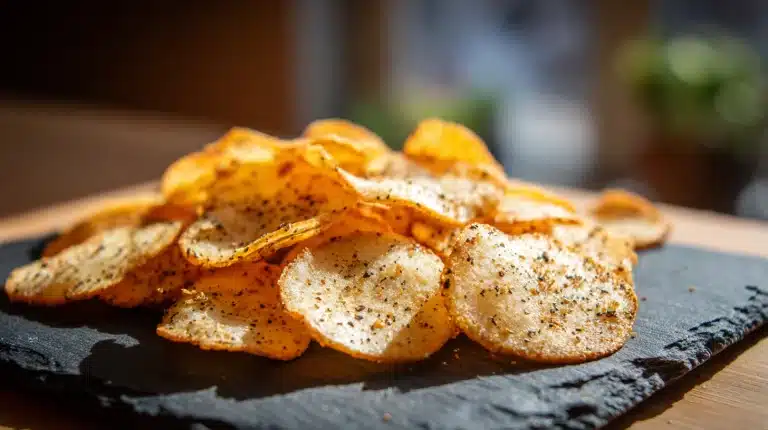 Crispy cottage cheese chips on slate board with seasoning specks