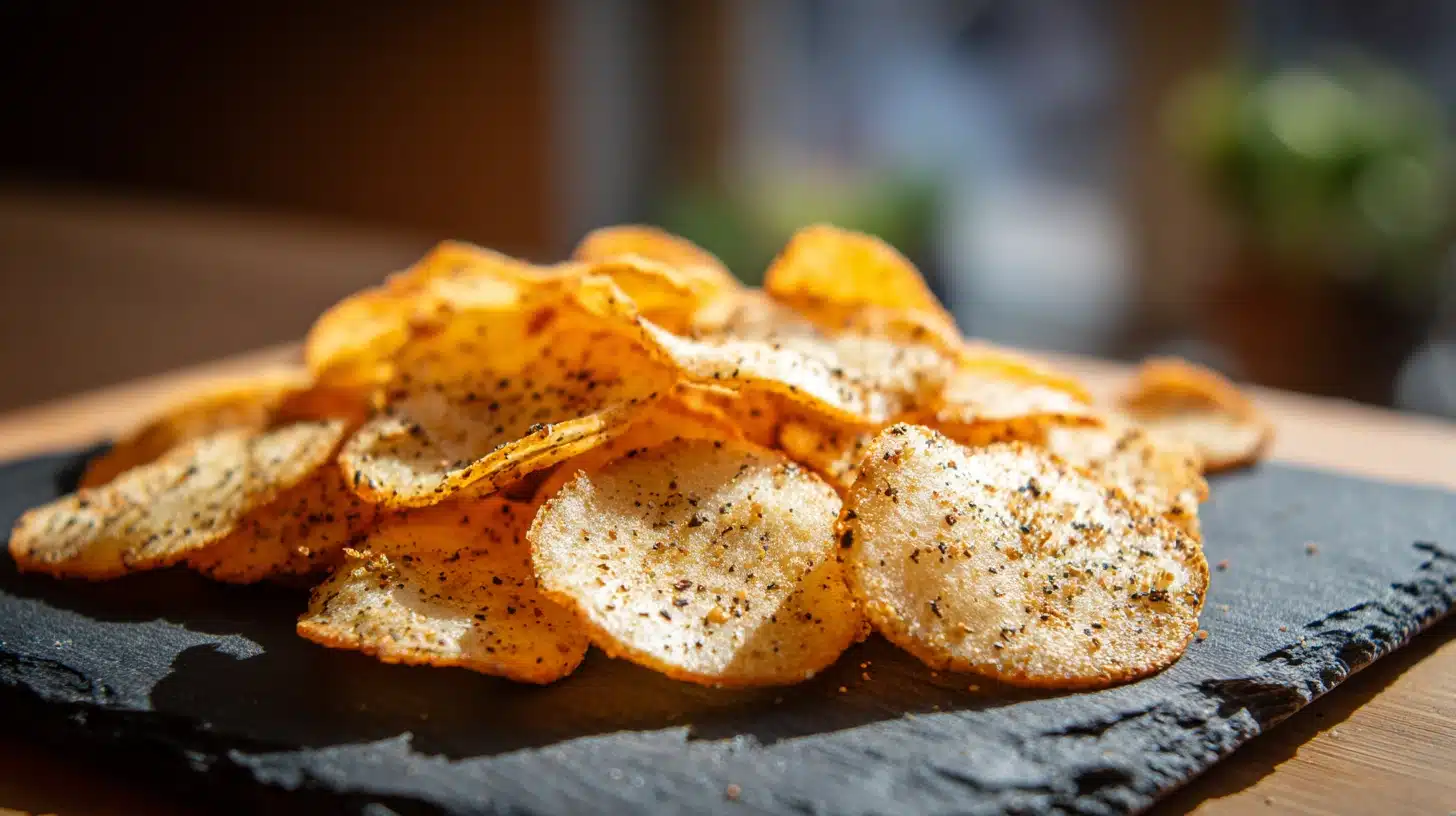 How to Make Actually Crispy Cottage Cheese Chips (The 2-Ingredient Trick That Works) 15 Crispy cottage cheese chips on slate board with seasoning specks