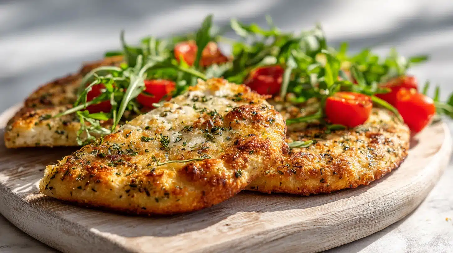 Cottage Cheese Flatbread: The High Protein Bread You Will Make Again and Again 19 Golden cottage cheese flatbread on a wooden board with olive oil and rosemary