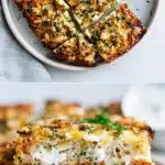 A golden-brown cottage cheese flatbread on a rustic wooden board, sprinkled with fresh herbs and ready for dipping.