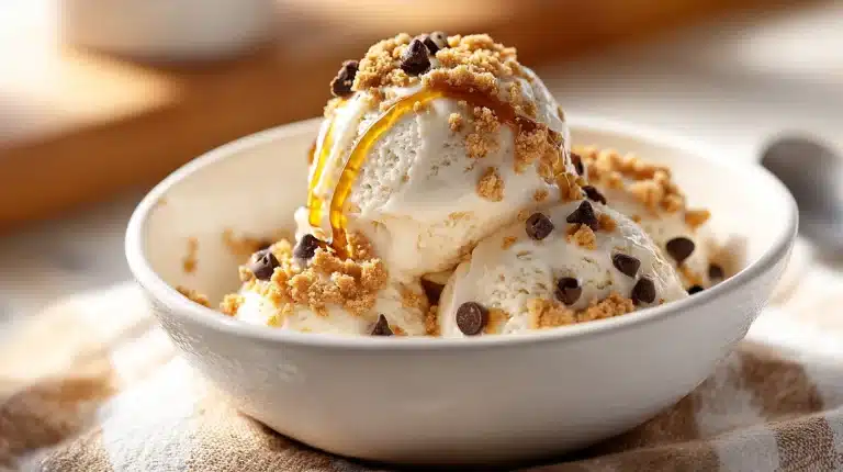 Creamy cottage cheese ice cream with honey drizzle and chocolate chips