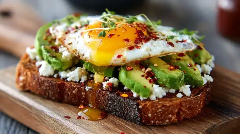 Cottage cheese toast with avocado, egg, and chili crisp