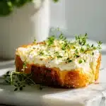 A slice of golden-brown sourdough toast topped with creamy cottage cheese and fresh herbs on a bright marble surface with soft natural light.