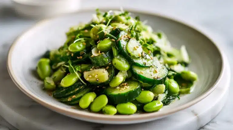 Cucumber Edamame Salad in a white ceramic bowl with feta and sesame seeds