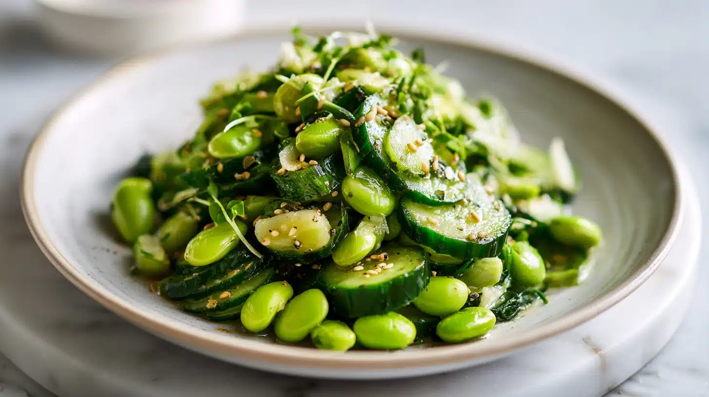 Cucumber Edamame Salad: Crisp, Protein-Packed, and Ready in 8 Minutes 22 Cucumber Edamame Salad in a white ceramic bowl with feta and sesame seeds