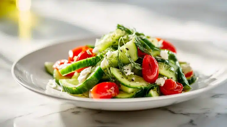 Cucumber Salad Recipe in a white ceramic bowl with fresh dill and red onion