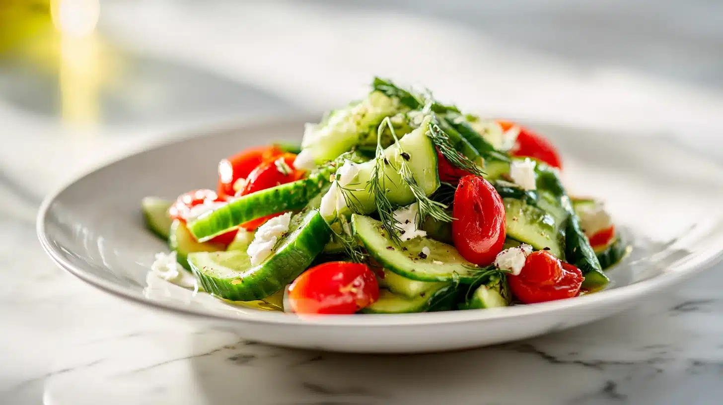 The Best Cucumber Salad Recipe (Crisp, Never Soggy) 21 Cucumber Salad Recipe in a white ceramic bowl with fresh dill and red onion