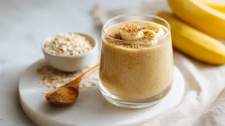 Tall glass of digestive ginger smoothie with lemon and fresh ginger on marble