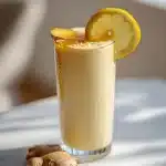 Tall glass of creamy digestive ginger smoothie with lemon wheel, ginger slice, honey drizzle on wooden table in soft light.