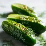 Crispy homemade dill pickle slices with fresh dill, garlic, and mustard seeds, glistening in bright brine on a wooden table.